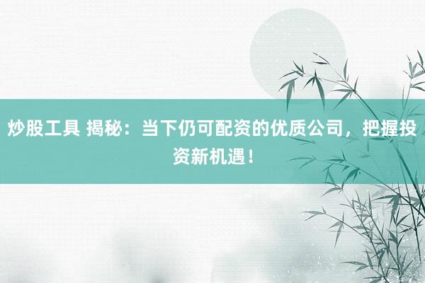 炒股工具 揭秘：当下仍可配资的优质公司，把握投资新机遇！
